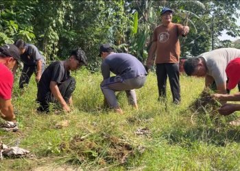Warga Majelis Taklim As Sahl, PAC LDII Depok Jaya membersihkan jalan lingkungan. (LINES)